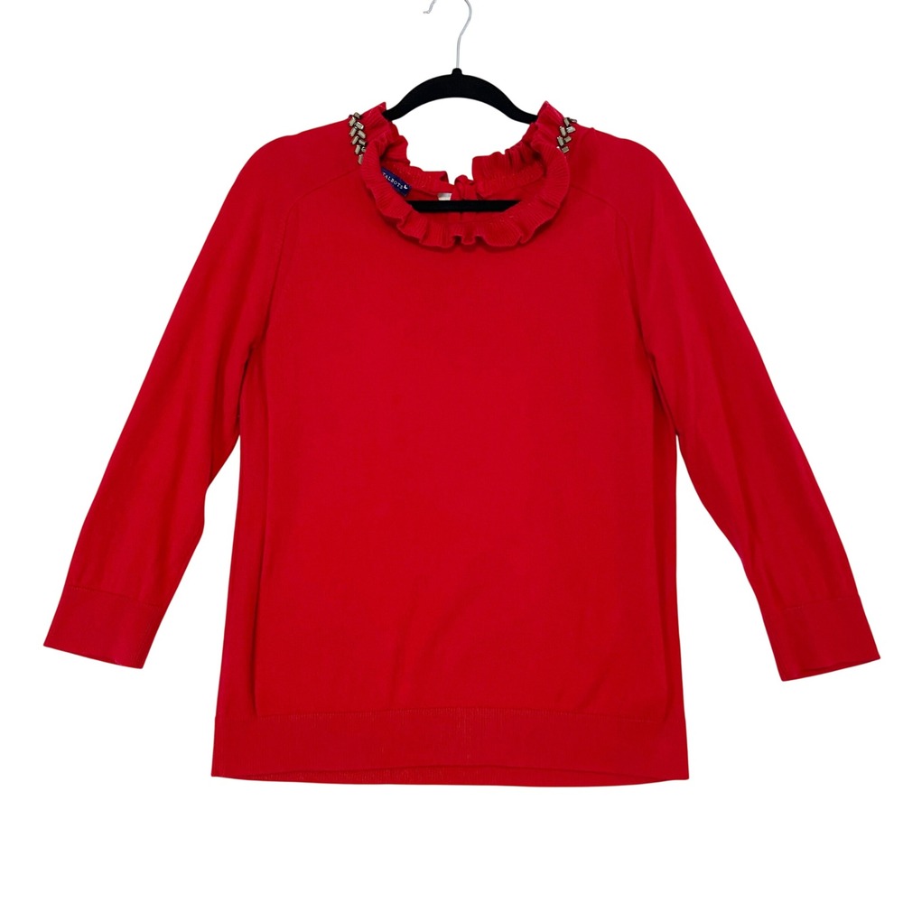 RSVP by Talbots‎ Red Beaded Ruffle Neck Sweater Size M Cashmere Blend Bow Tie